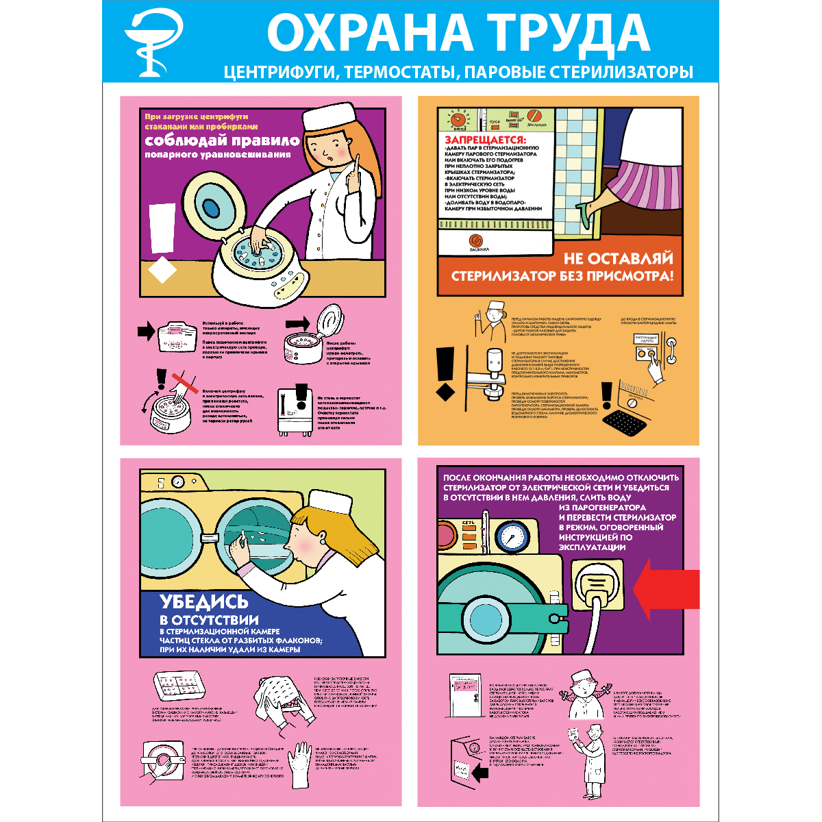 Стенд "Охрана труда. Центрифуги, термостаты, паровые стерилизаторы (Пластик 1000 x 750)"